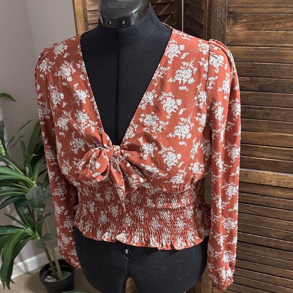Papaya Terracotta Floral Tie-Front Blouse